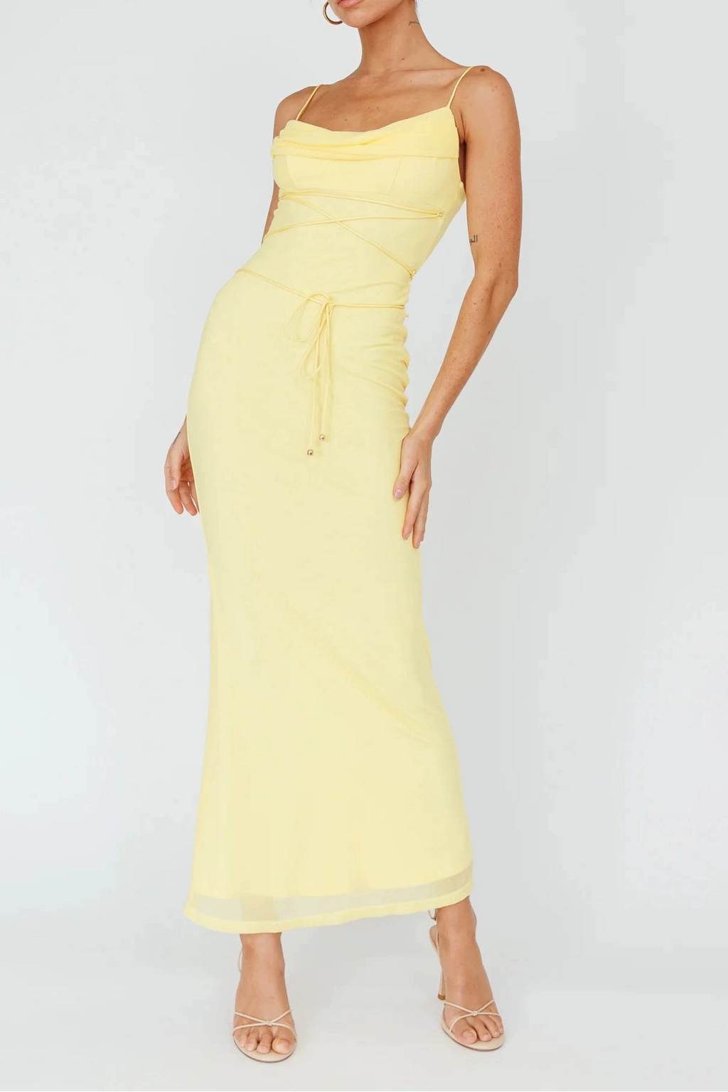 yellow mesh cross-strap suspender midi dress