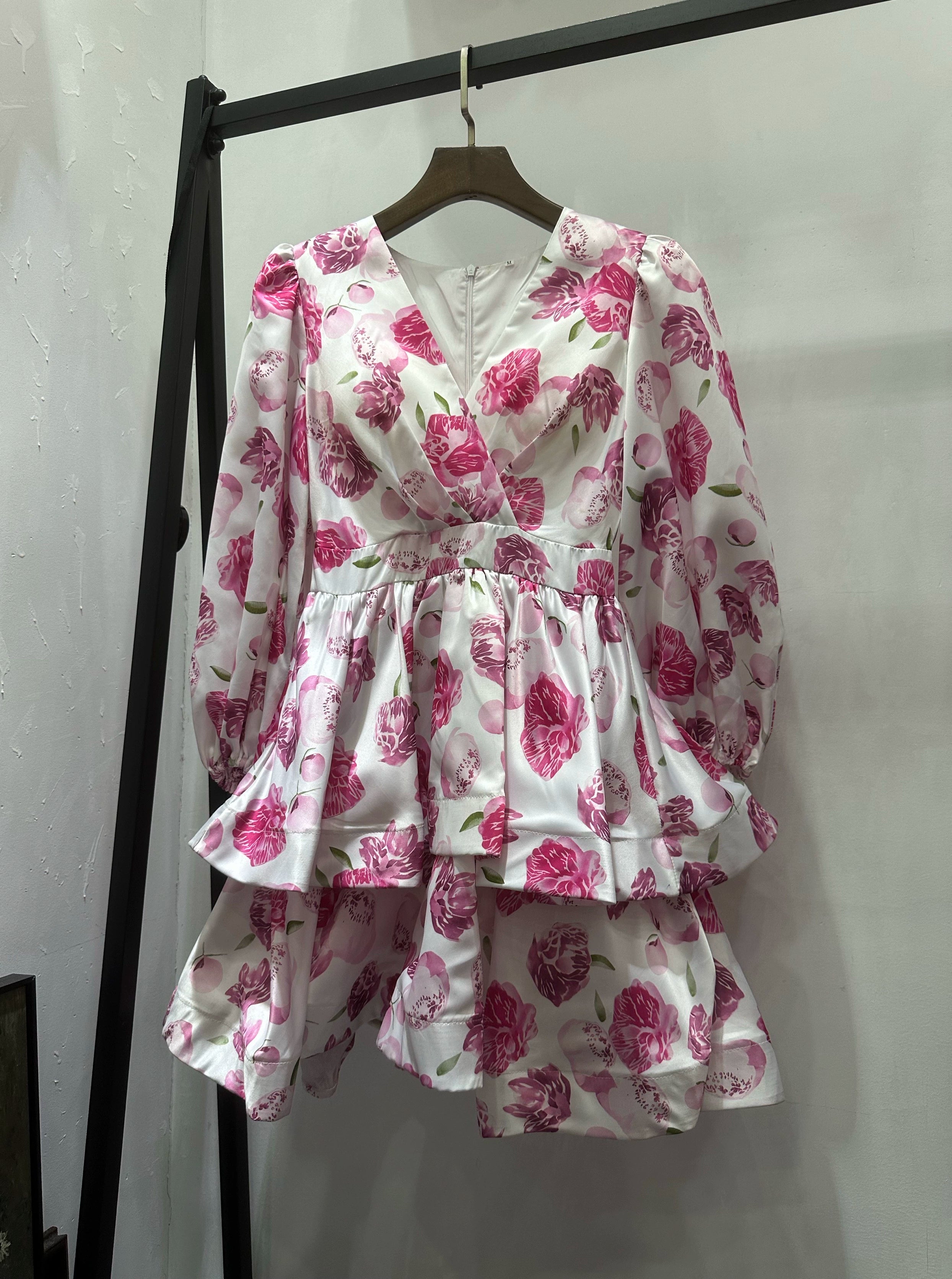 V-neck floral print double mini dress