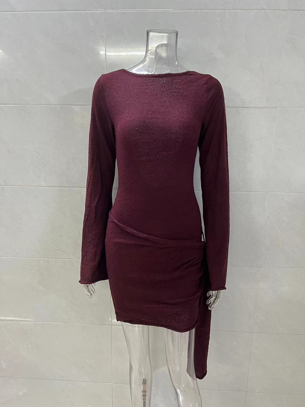 brown backless long sleeve knitted mini dress