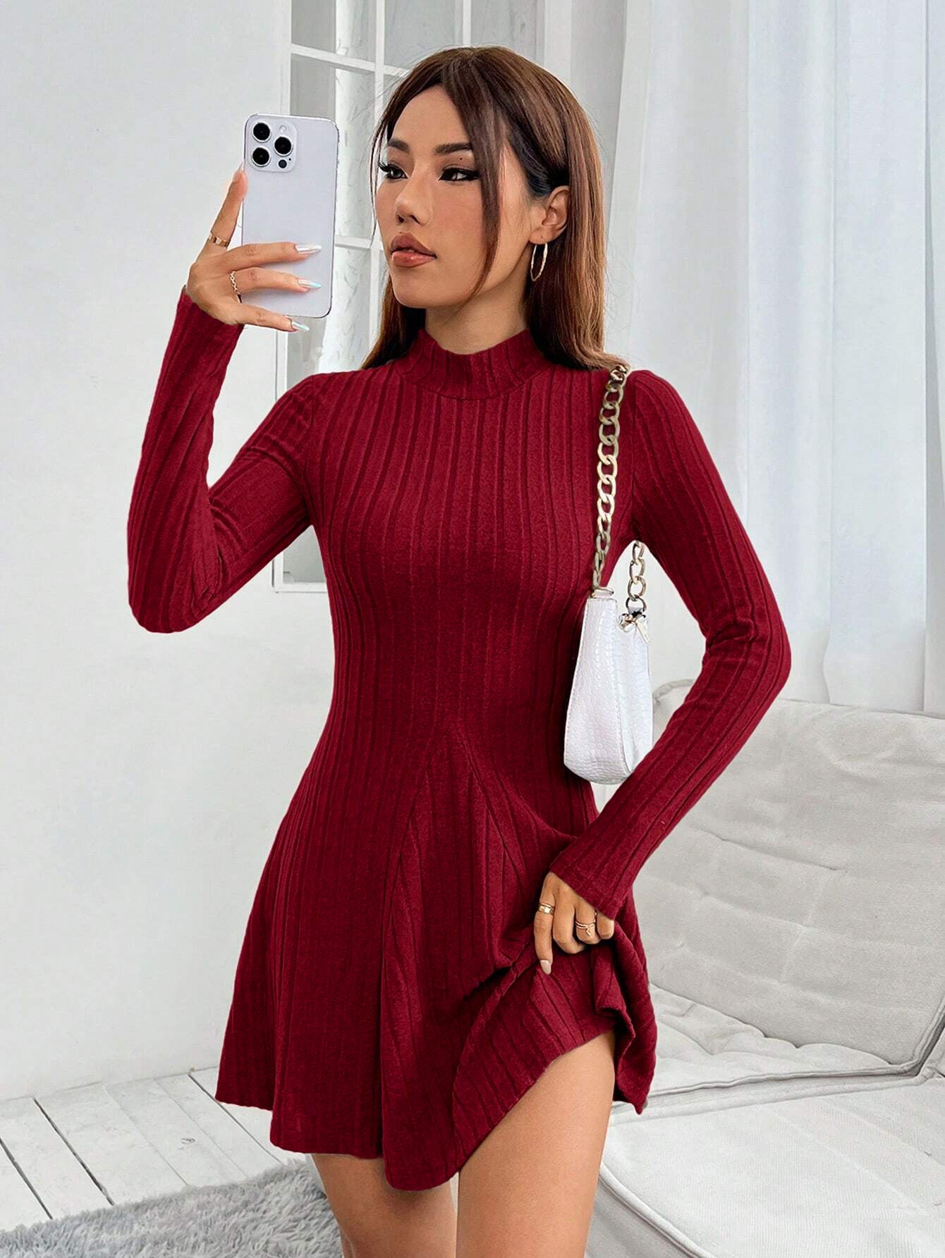 april red High-neck long-sleeved fitted A-line dress
