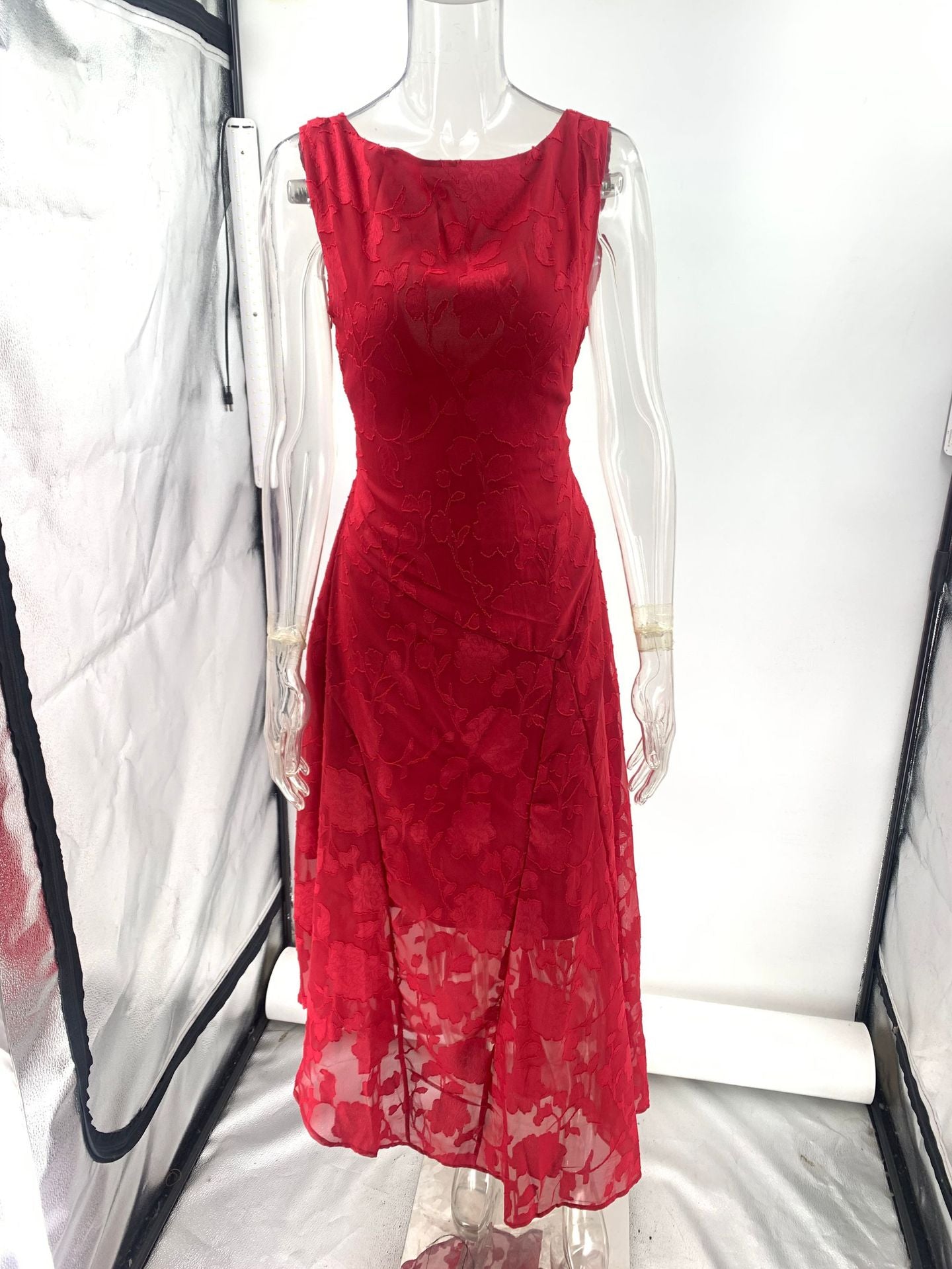 red Lace Backless Jacquard Irregular Dress