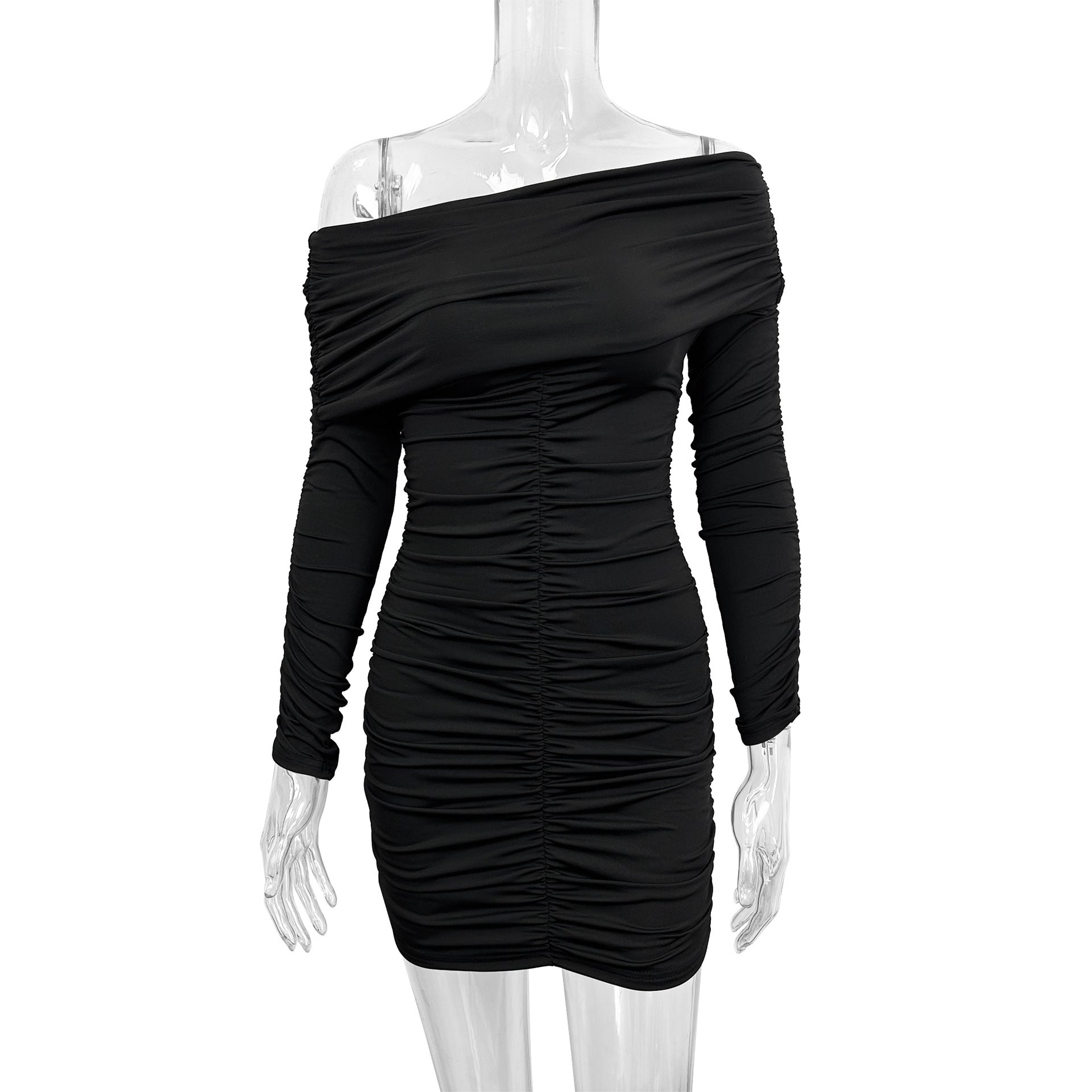 Long-sleeved off-shoulder strapless pleated bodycon dress