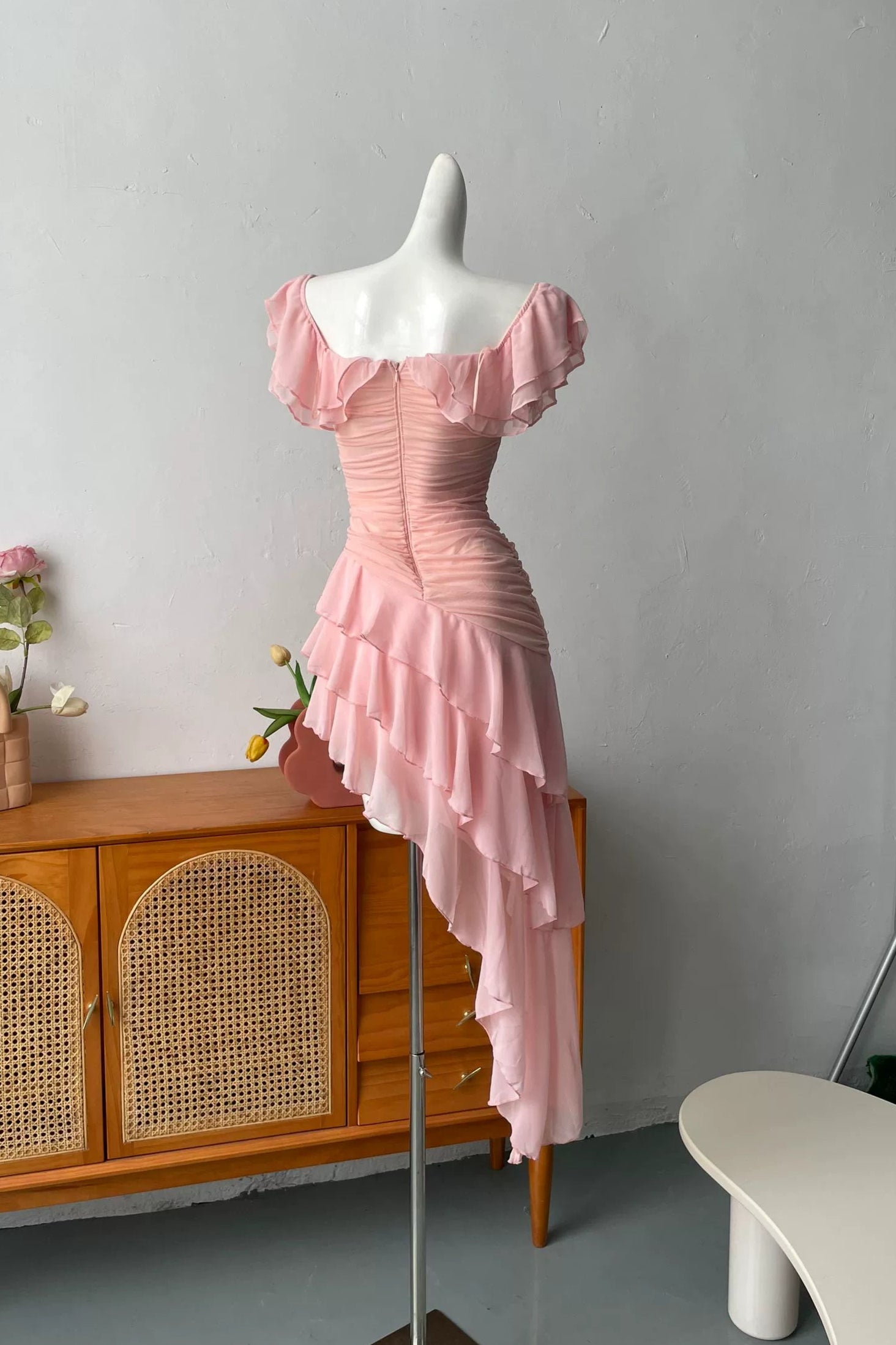 pink ruffle one shoulder mini dress