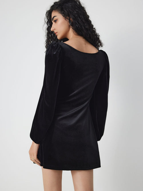 A-line square neck long-sleeved velvet mini dress