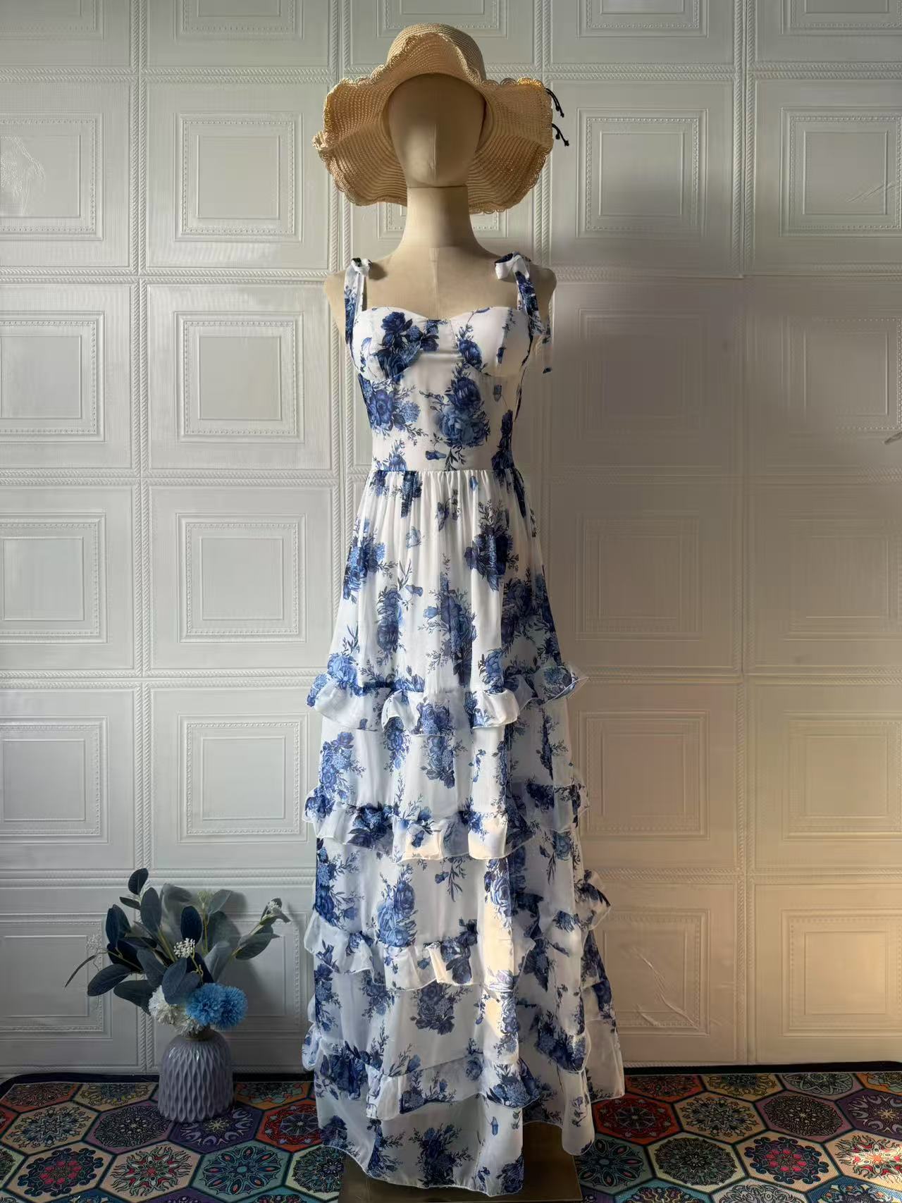 blue sleeveless long skirt waist dress