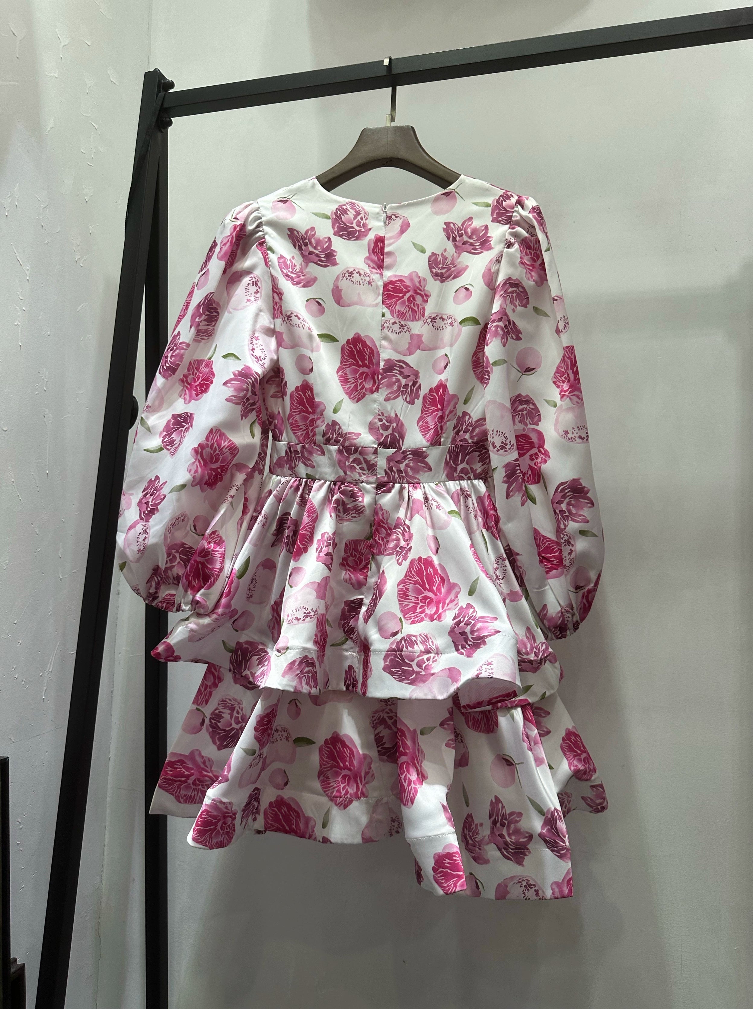 V-neck floral print double mini dress