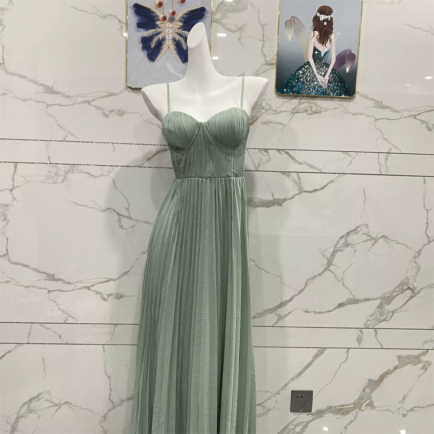 suspender open back pleated chiffon dress