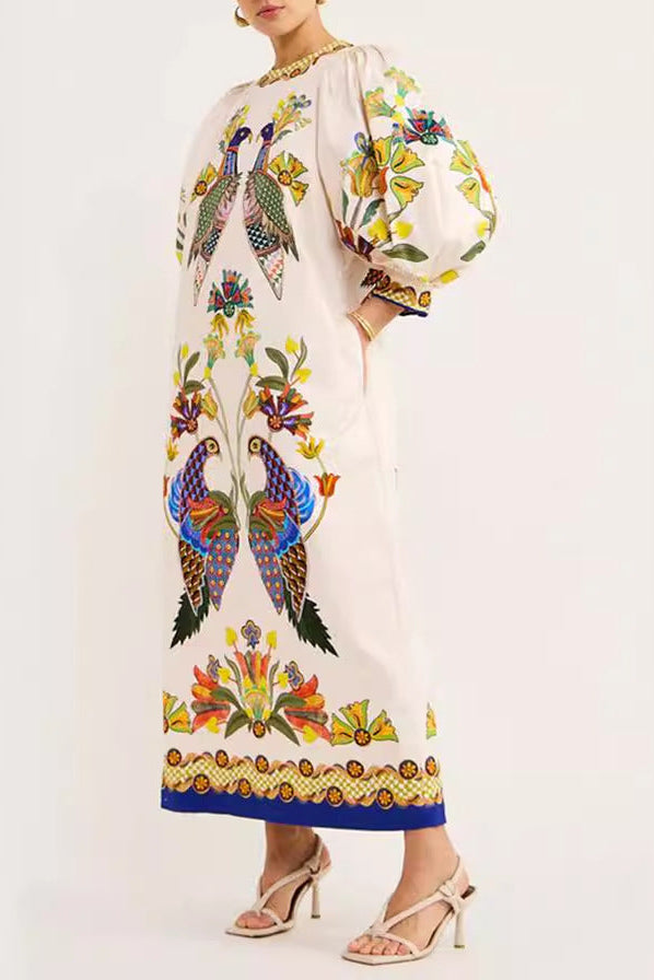 Printed peacock three-quarter sleeve round neck dress