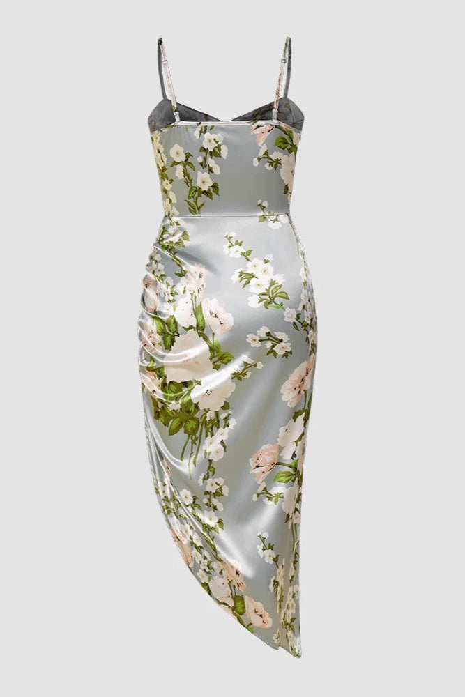 green satin print resort dress