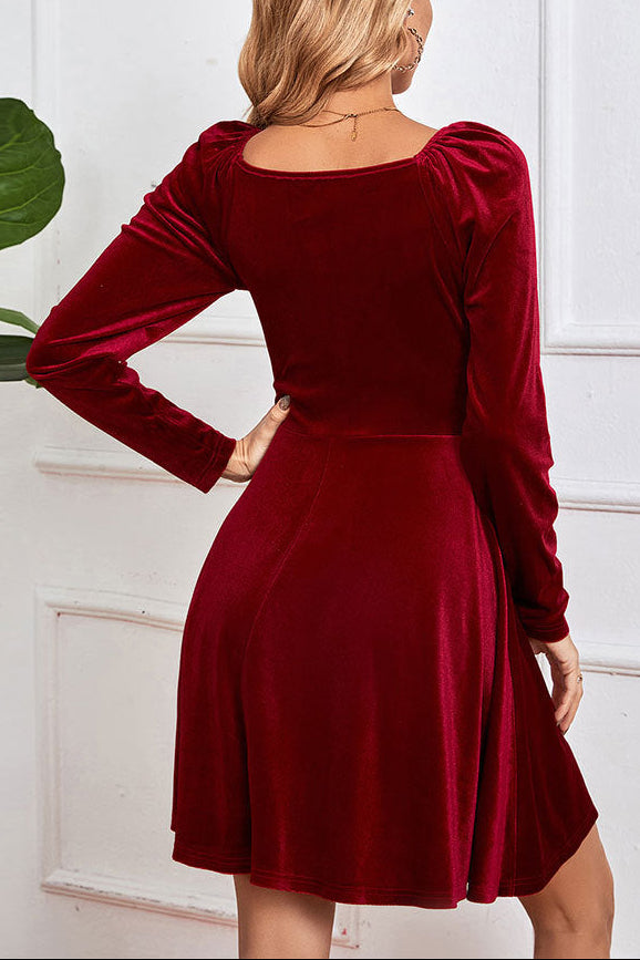 red V-neck fitted waist velvet A-line dress