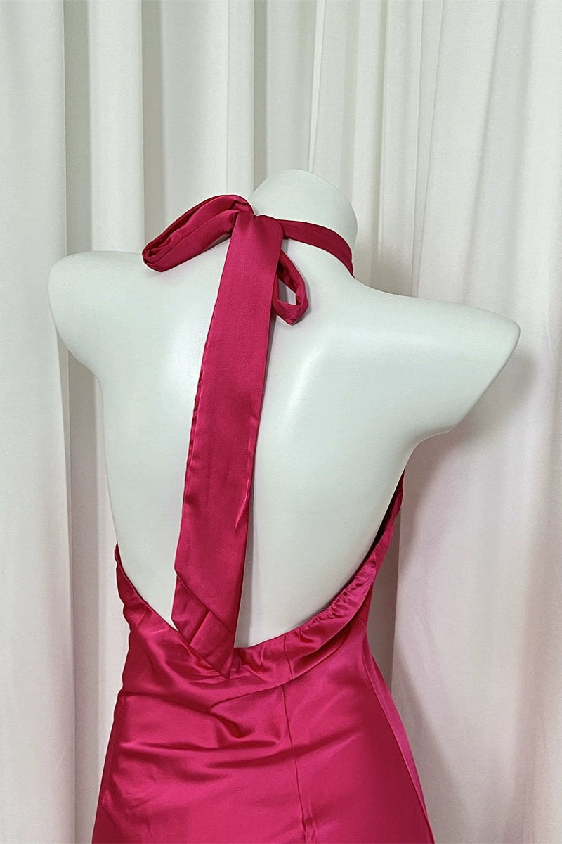 open back waist crossed halterneck satin dress
