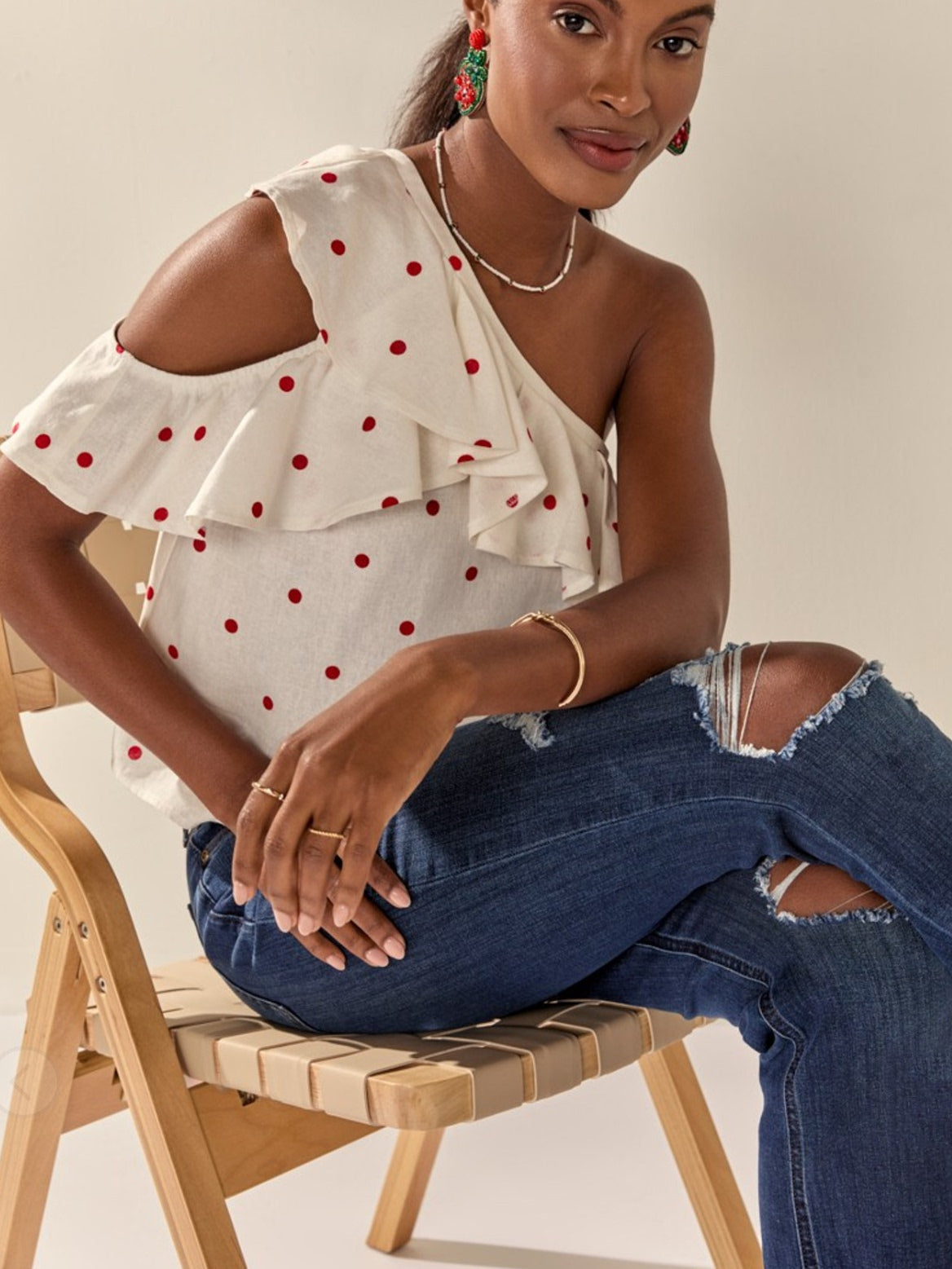 polka dot ruffle one-sided off-the-shoulder linen top