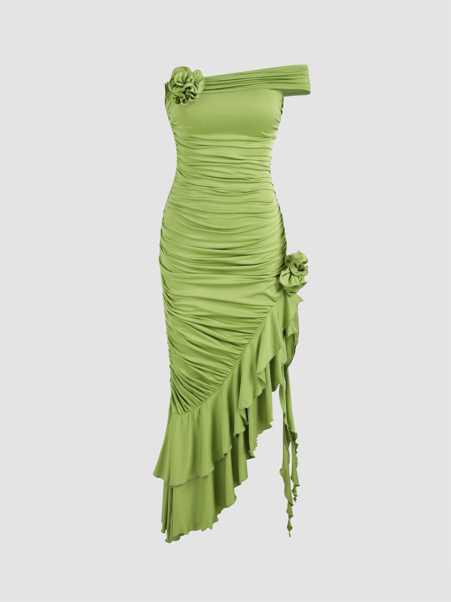green flower side slit ruffled dress