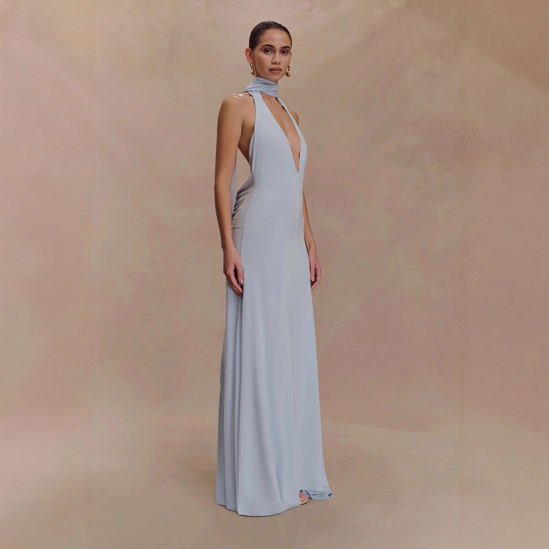 deep V-neck streamer halterneck  pleated open back dress