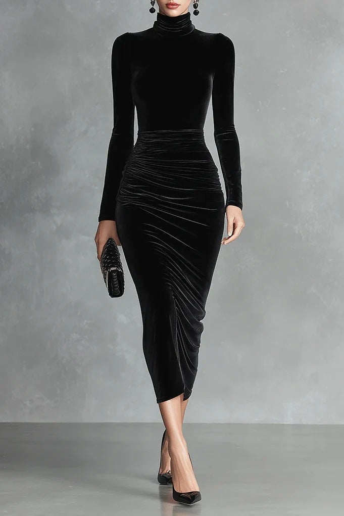 black long sleeve turtleneck hip gold velvet maxi dress