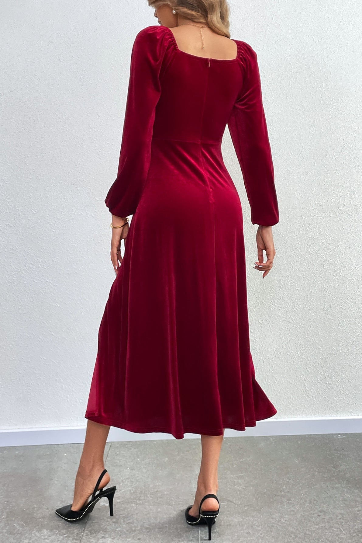 wine red Slit square neck puff sleeve long velvet dress