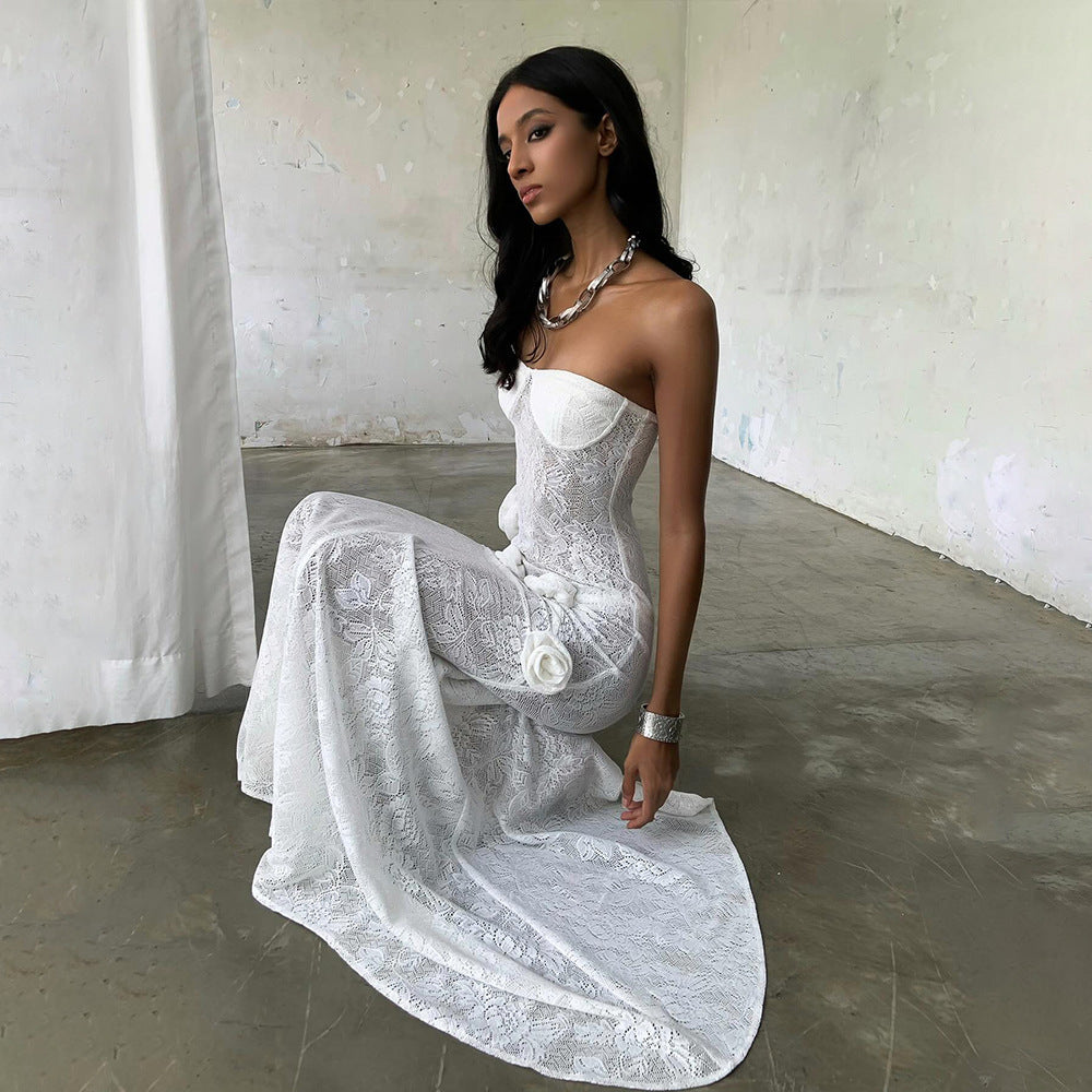 letitia white Lace strapless 3D floral mermaid dress