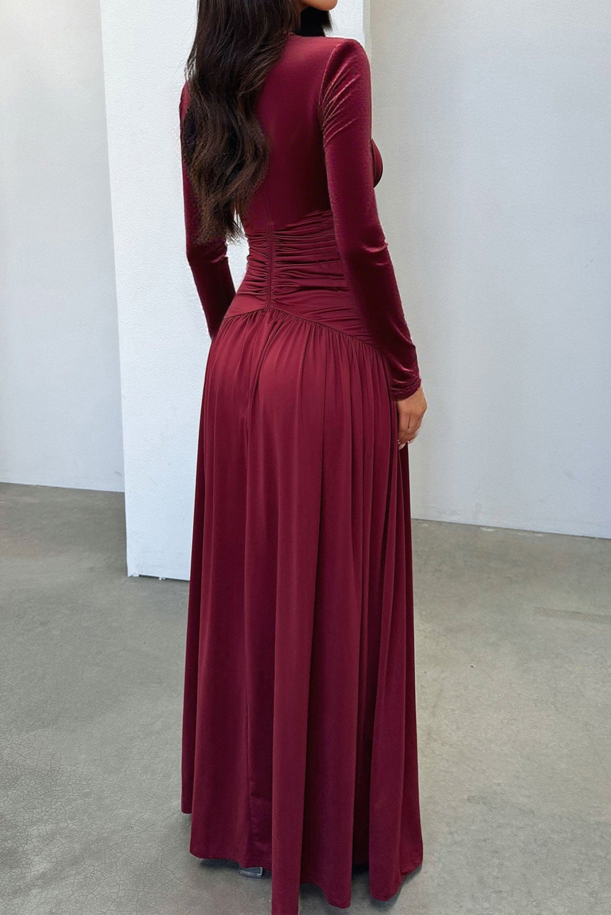 red Deep V Long Sleeve maxi Dress