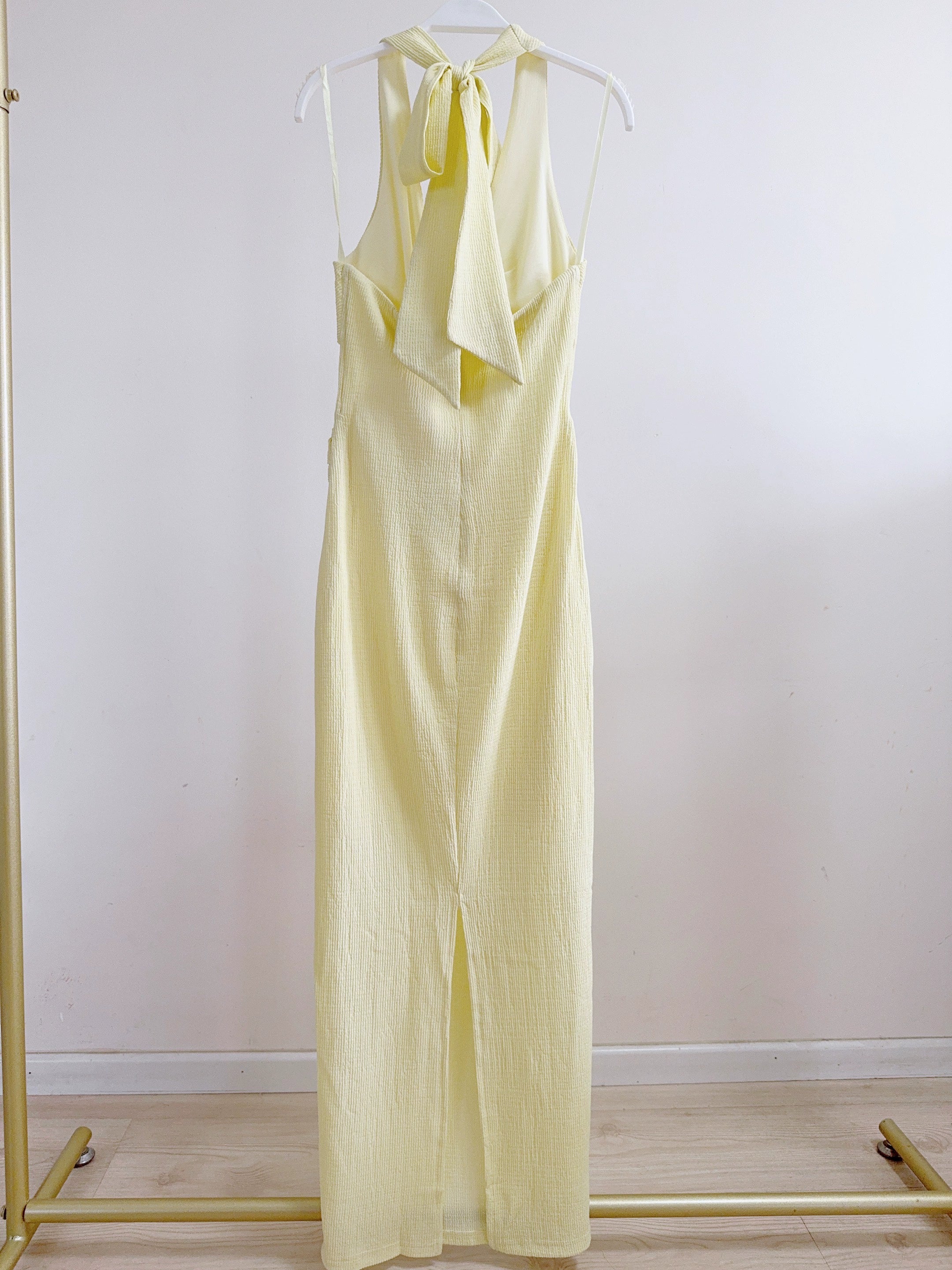 yellow hollow halterneck textured dress
