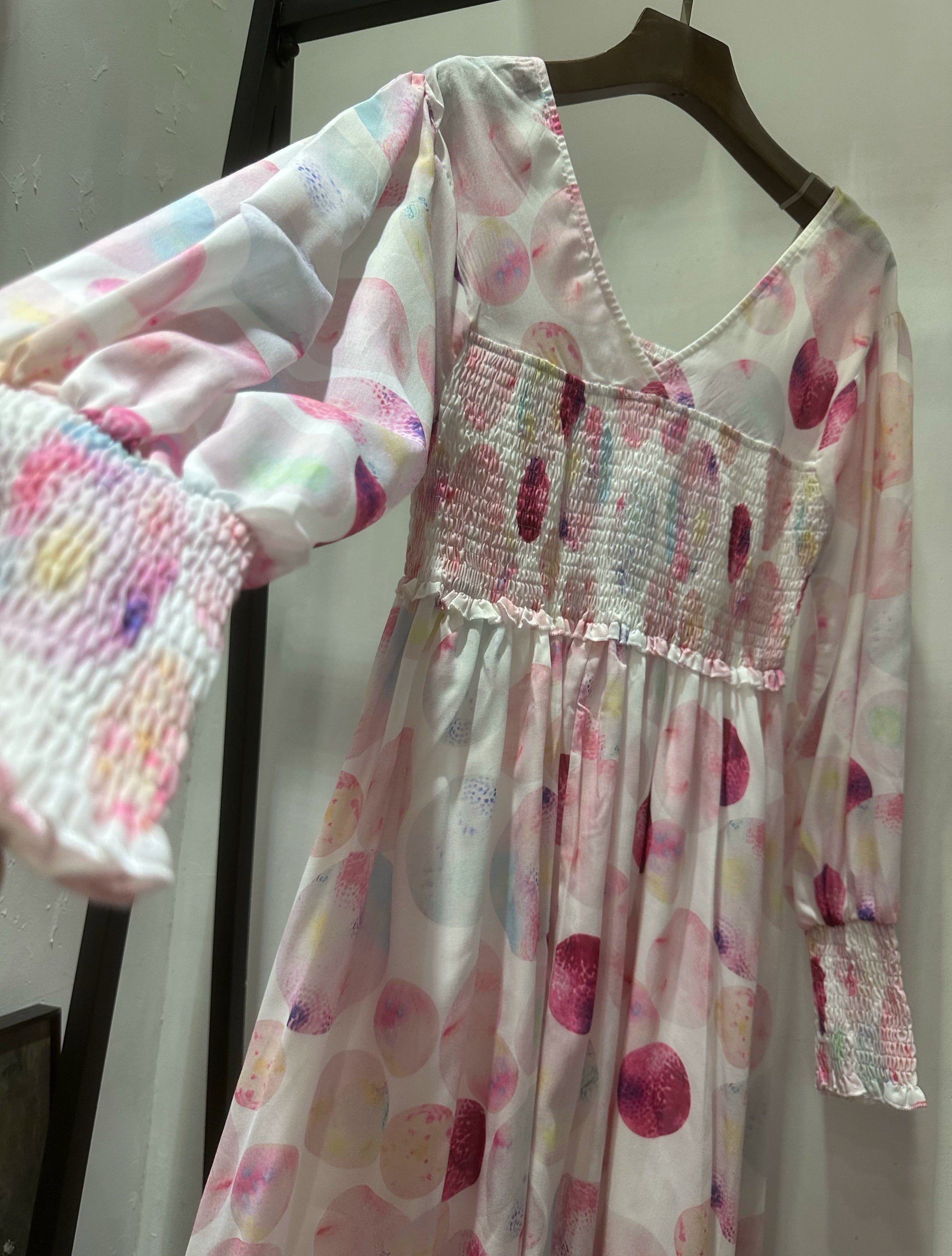 Pink Print V-Neck Elasticated Midi Dress