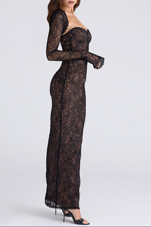 black lace long sleeve cutout maxi dress