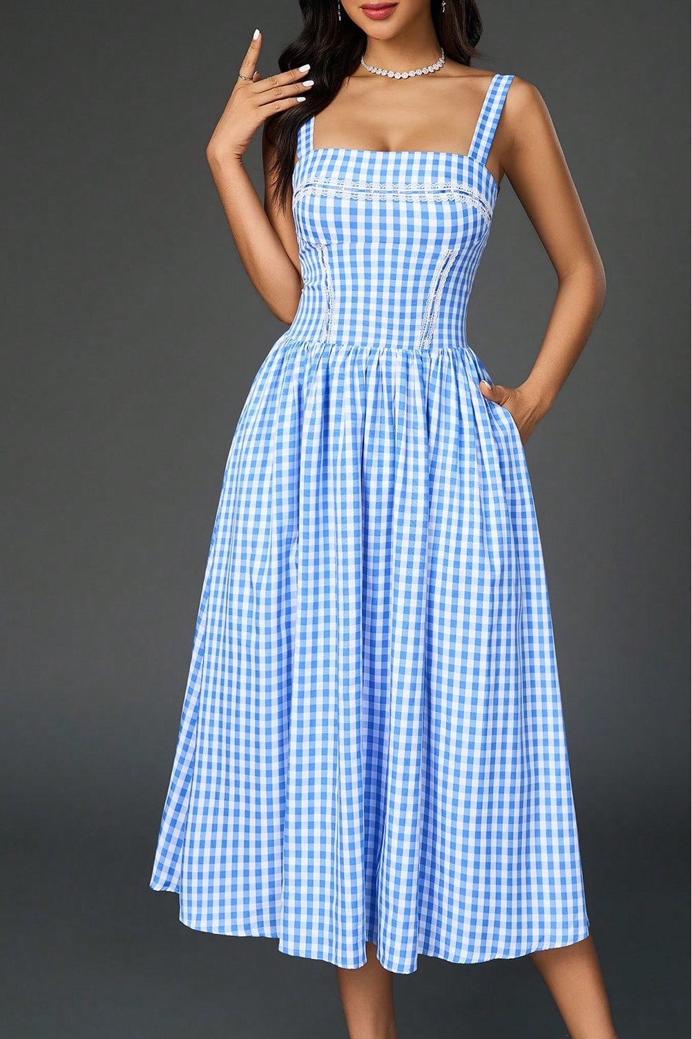 Blue Plaid Suspender midi Dress