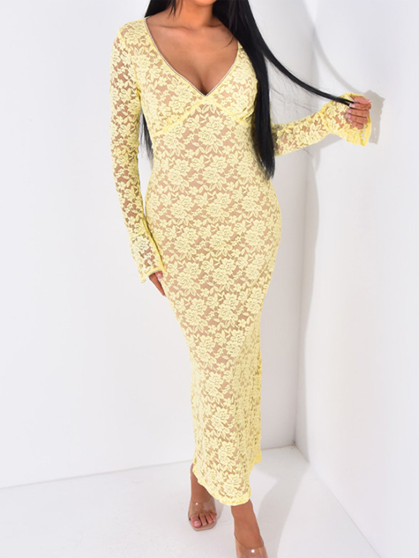 yellow Lace Cutout Long Sleeve maxi Dress
