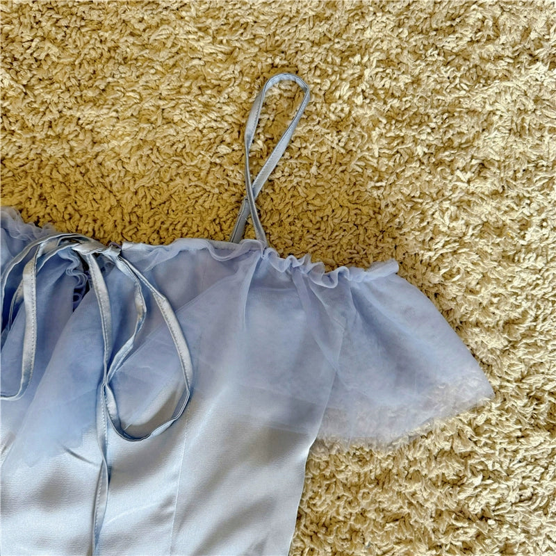 mesh splicing lace-up satin suspender top