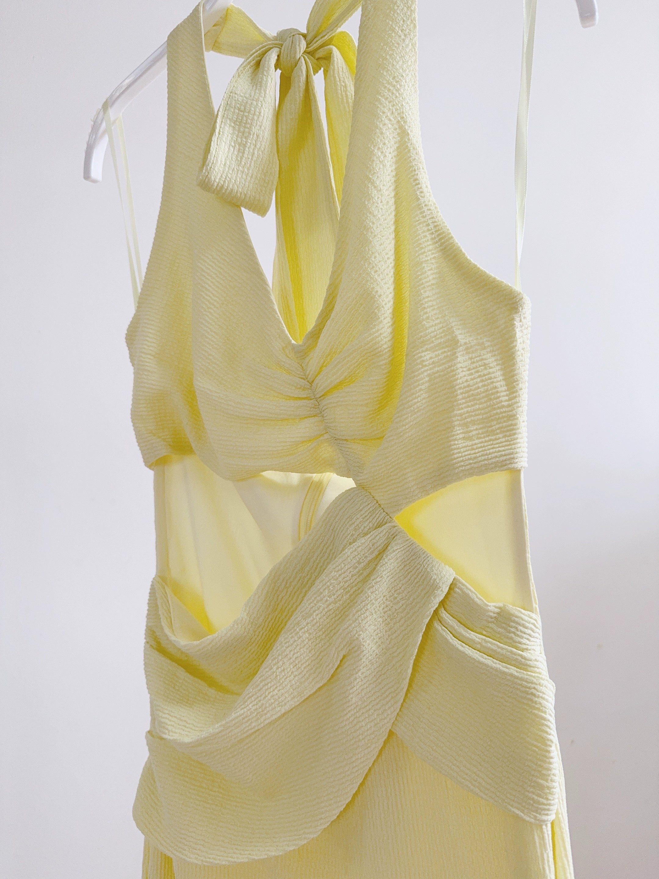 yellow hollow halterneck textured dress