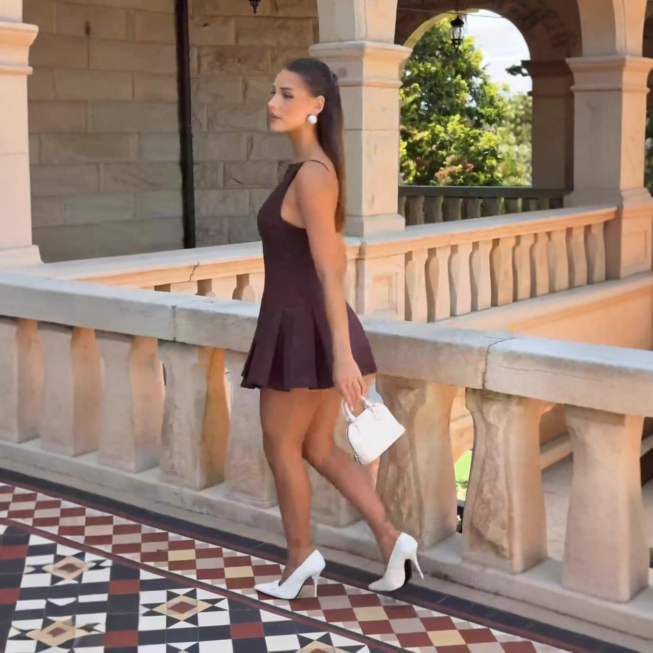 Brown halter-neck backless pleated mini dress