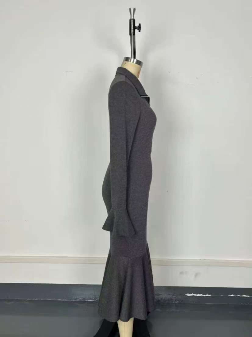 Zippered collar bell sleeve knit fishtail dress