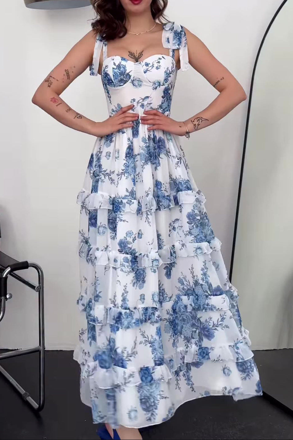 blue sleeveless long skirt waist dress