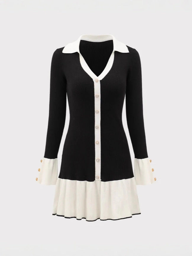 Black and white long-sleeved knitted ruffled mini dress