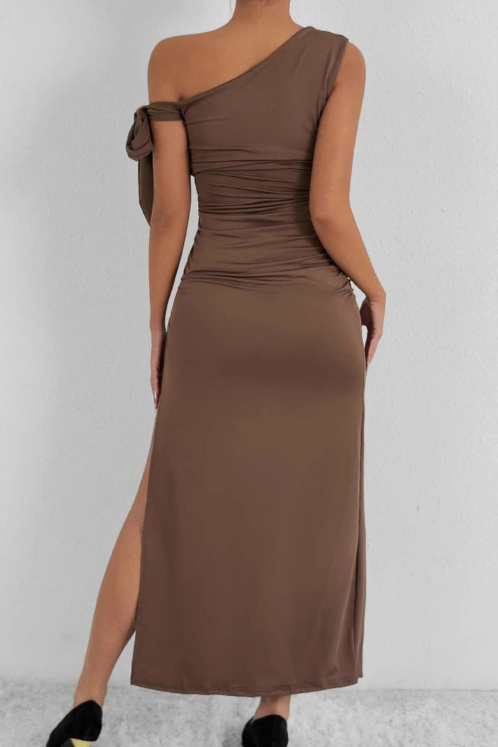 brown Off-shoulder backless slit dress