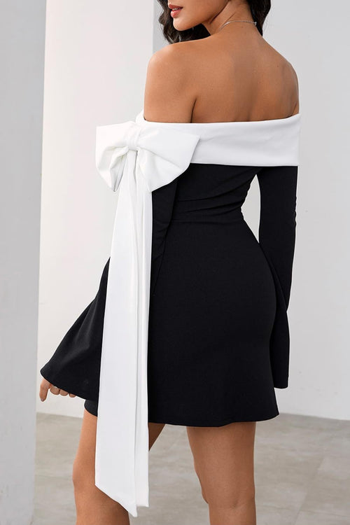 black Off-the-Shoulder Flared Sleeve Mini Dress