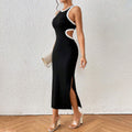 black Round neck backless slit midi dress