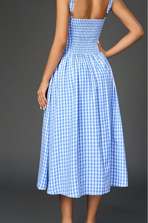 Blue Plaid Suspender midi Dress