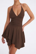 brown Deep V-neck halter neck backless tie-up asymmetrical mini dress