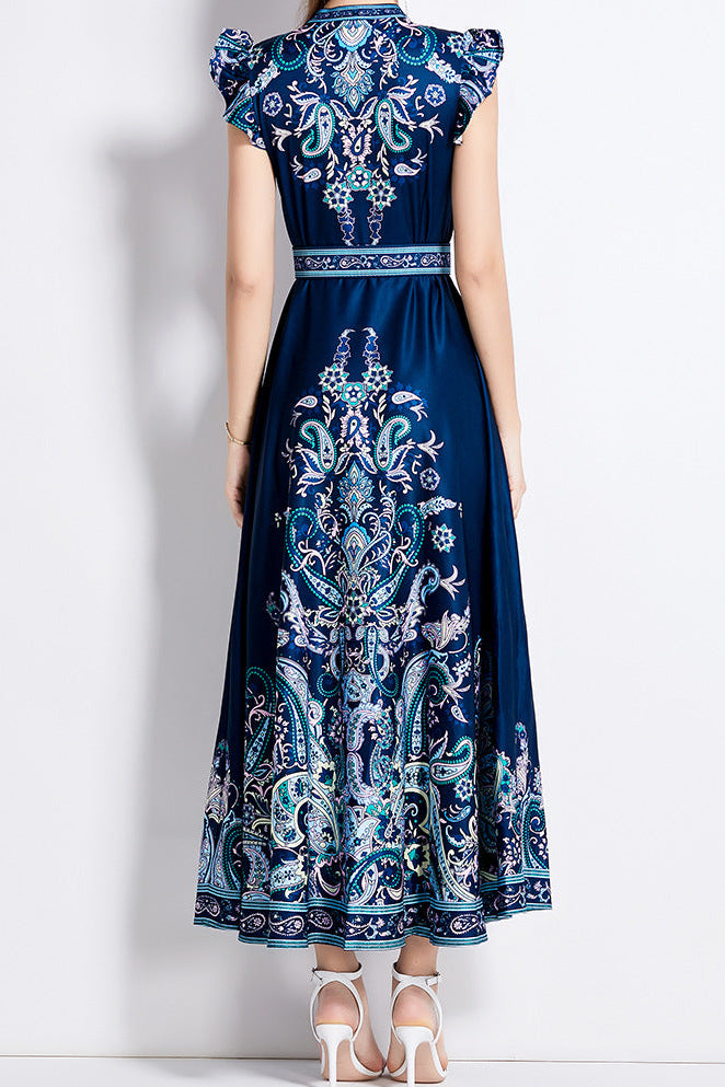 Printed V-neck lantern sleeve single-breasted dress