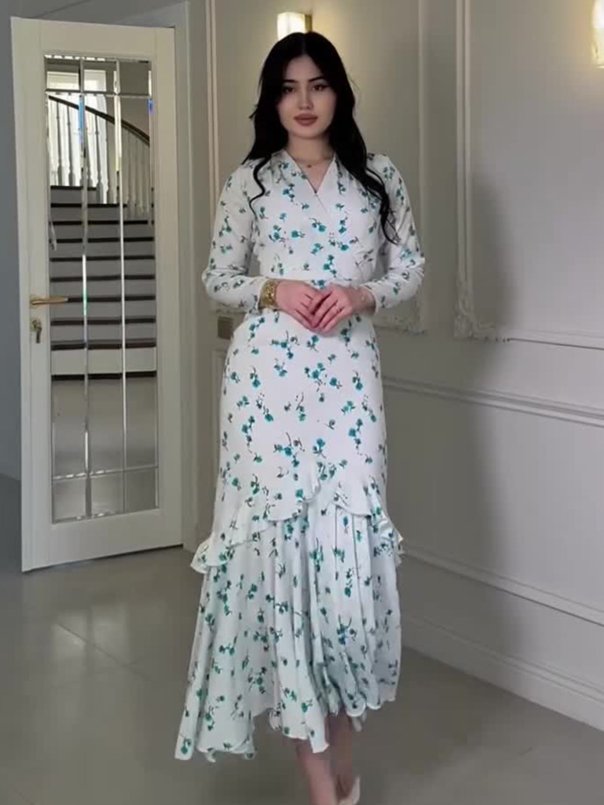 blue long sleeve Floral Ruffle maxi Dress