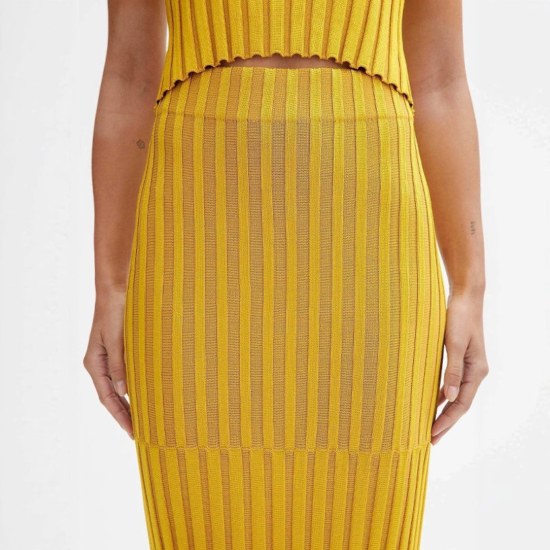 yellow Square Neck Vest Skirt Suit