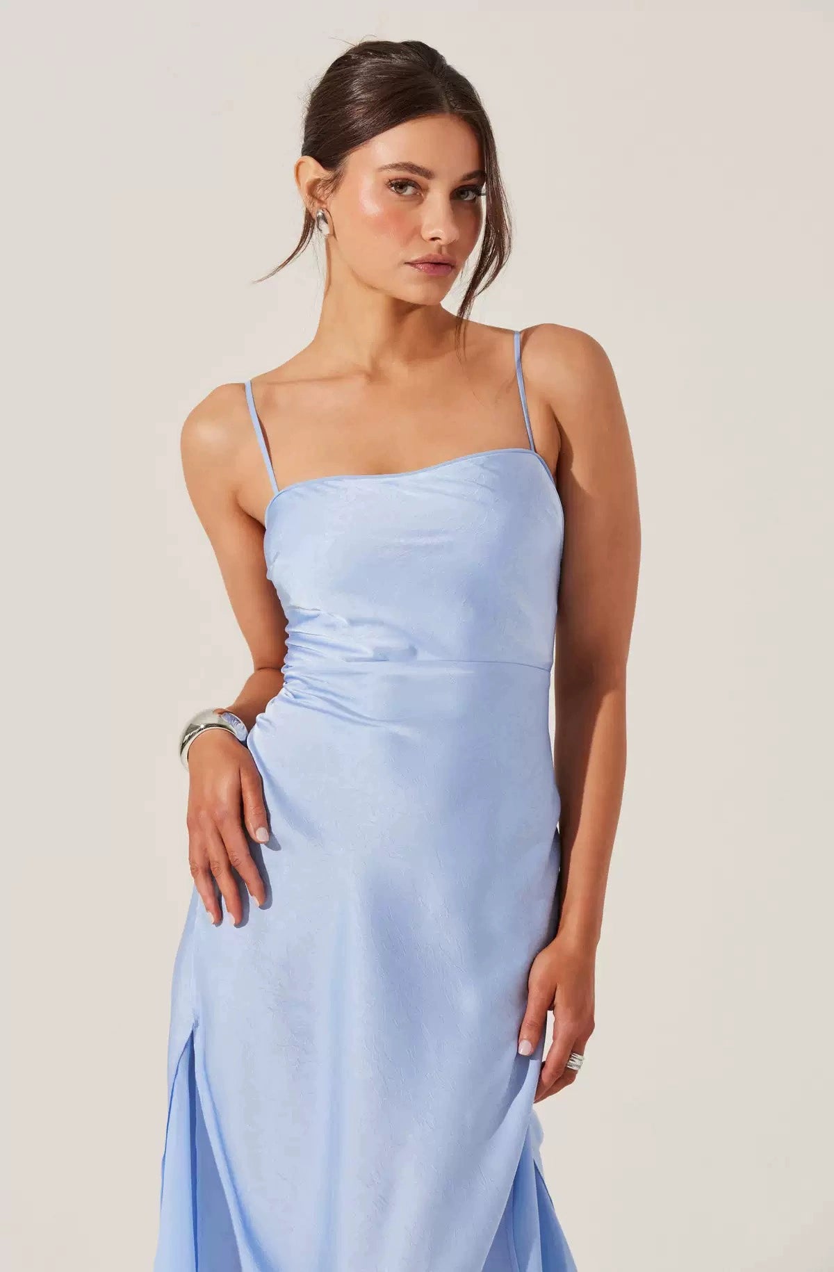 light blue satin panelled large slip dress