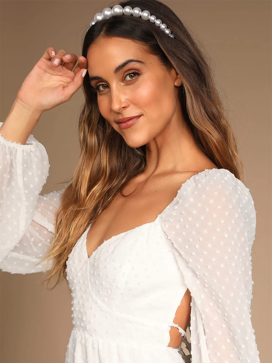 jacquard polka dot chiffon long sleeves open back dress