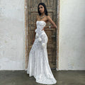 Sheer lace strapless dress with three-dimensional floral fishtail skirt - white