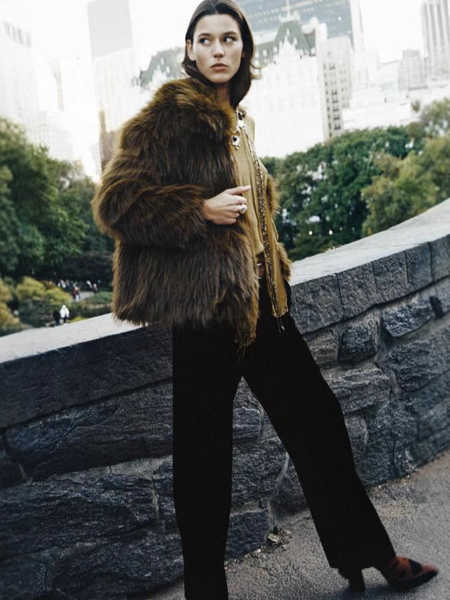 Artificial Wool Fur Cropped Jacket in brown