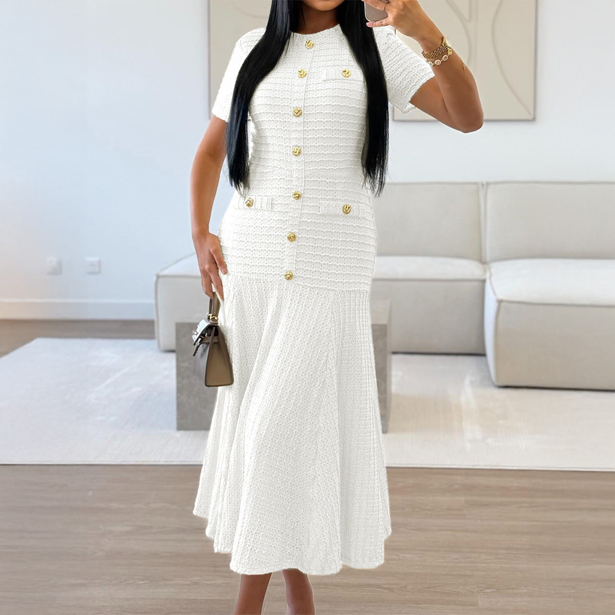 white buttons short sleeves maxi dress