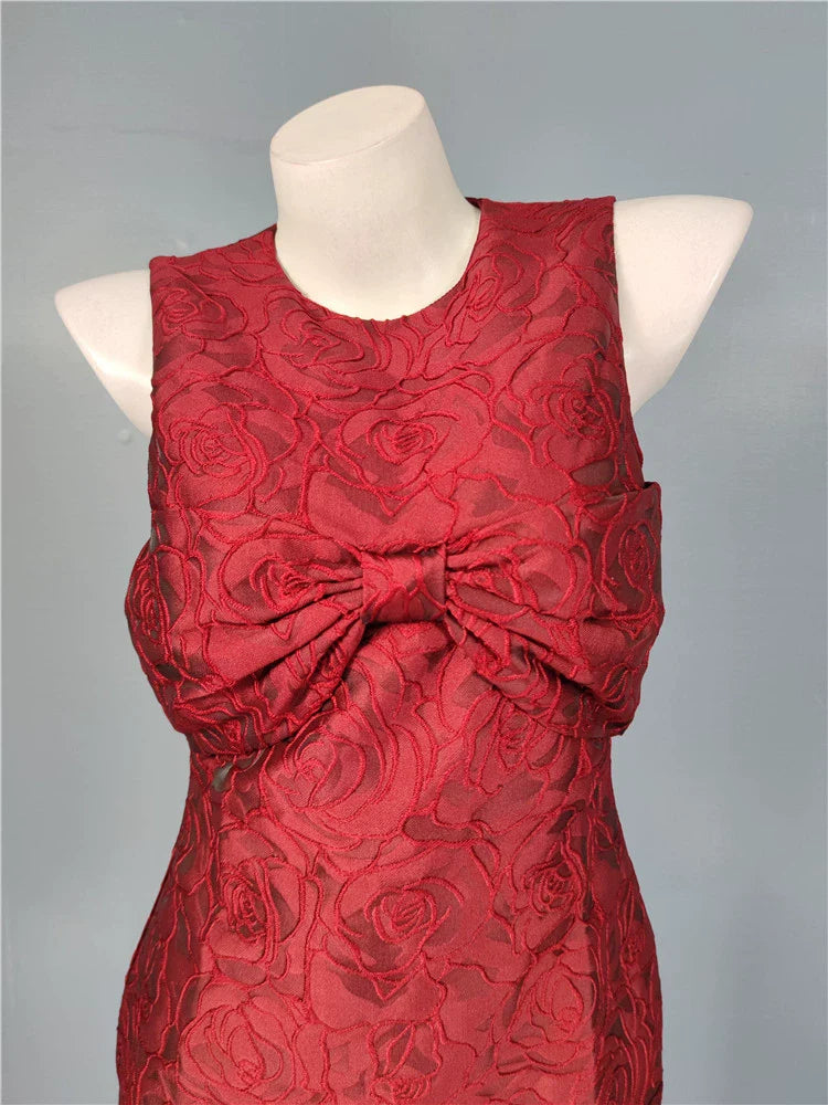 burgundy bow jacquard mini dress