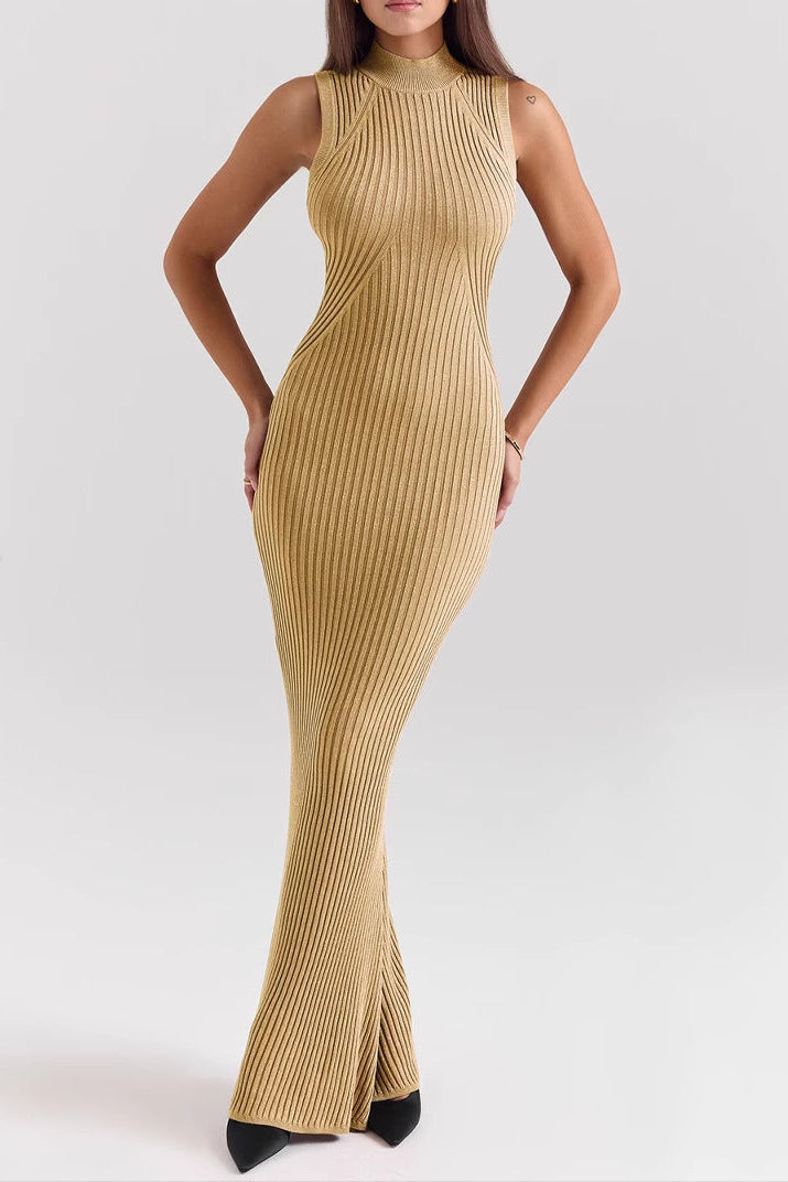 glod Knitted Turtleneck Sleeveless maxi Dress