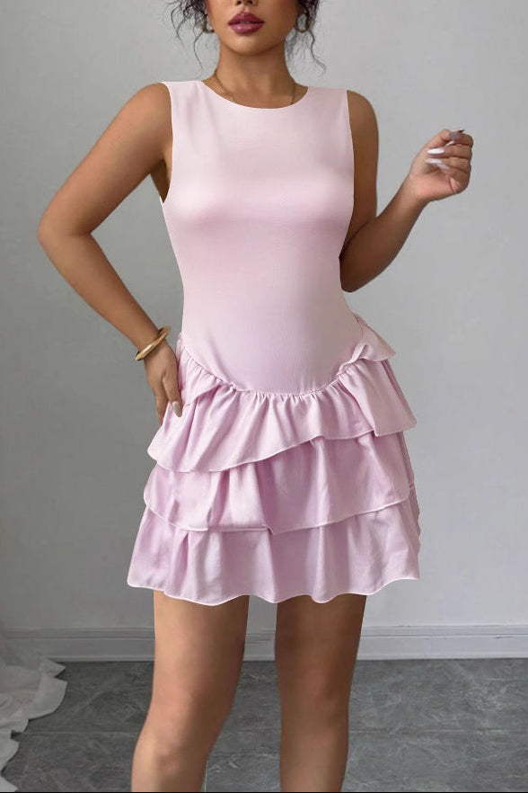 pink Sleeveless round neck tie-up mini dress