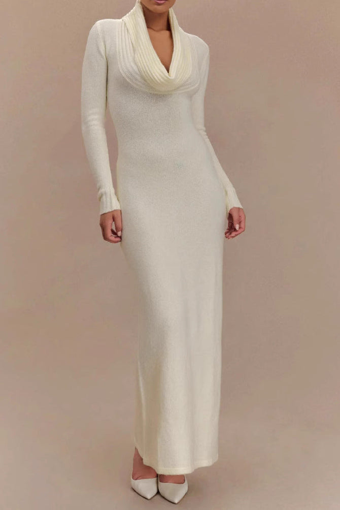 white drop-collar long-sleeved knitted dresses
